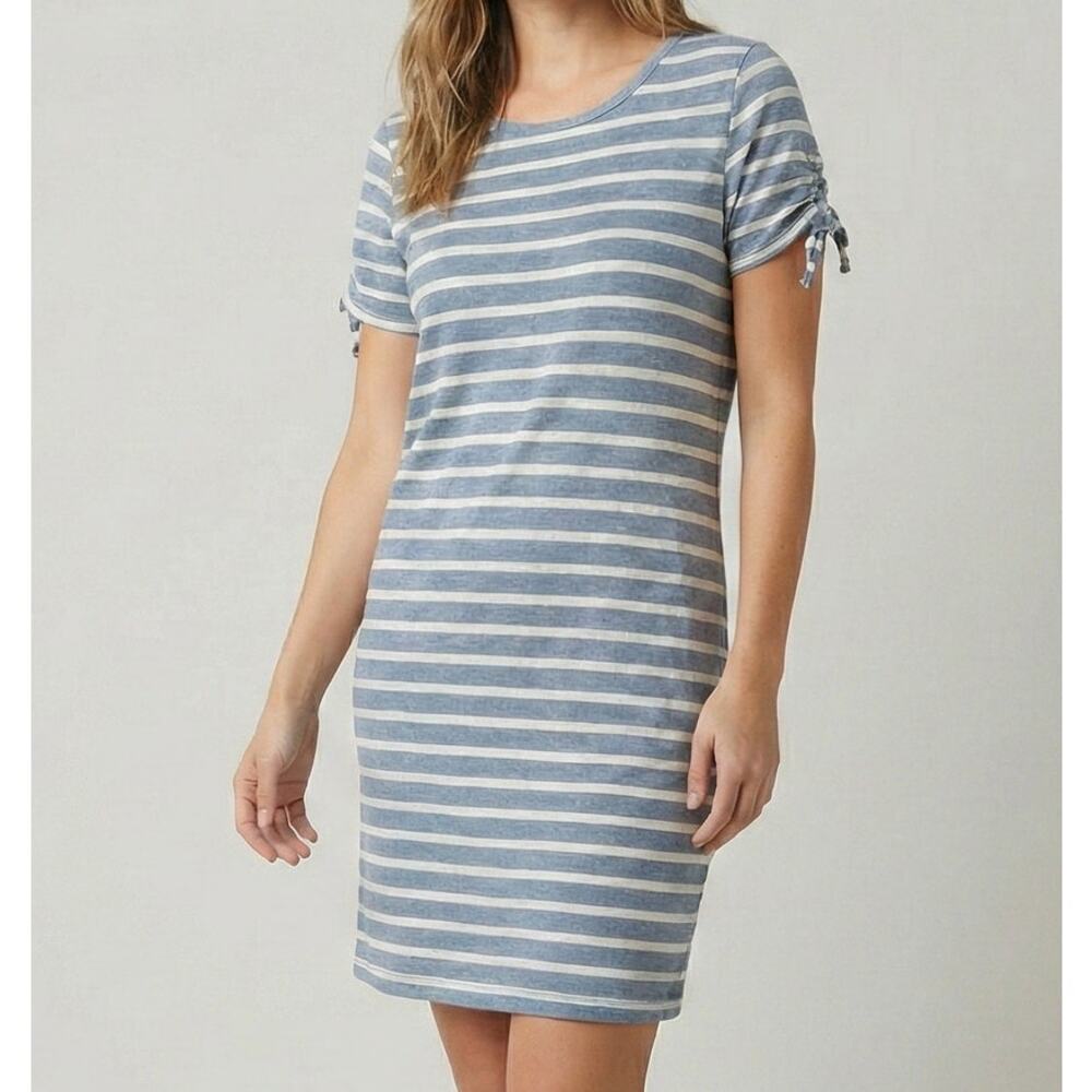 Jane & Delancey Medium Short Sleeve TShirt Dress Blue Gray White Stripe Cotton